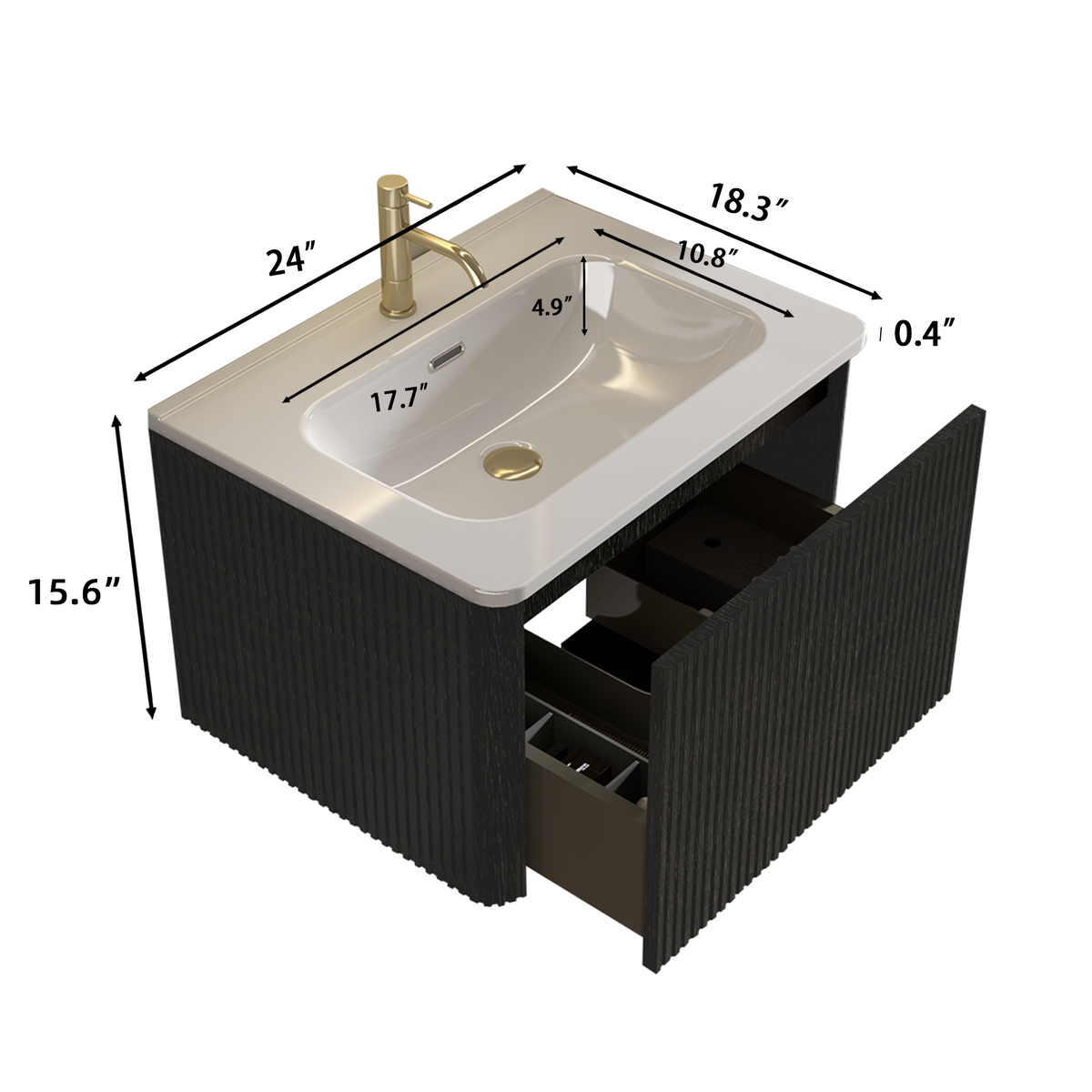 Etna 24-Inch Floating Bathroom Vanity, Black Melamine with White Ceramic Sink