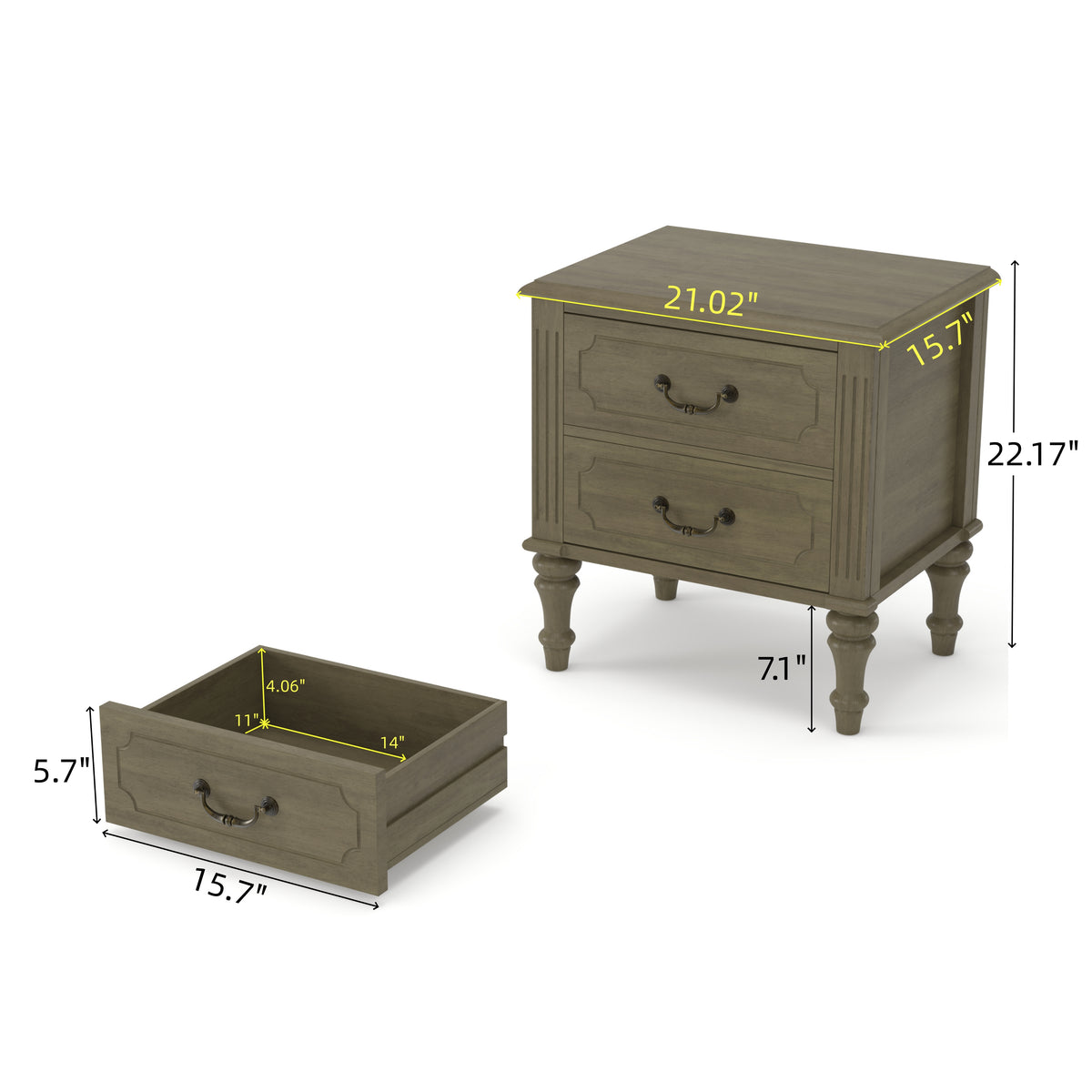 Fluted Nightstand with 2 Drawers, 21-Inch Wide, Solid Rubberwood, Antique Bronze