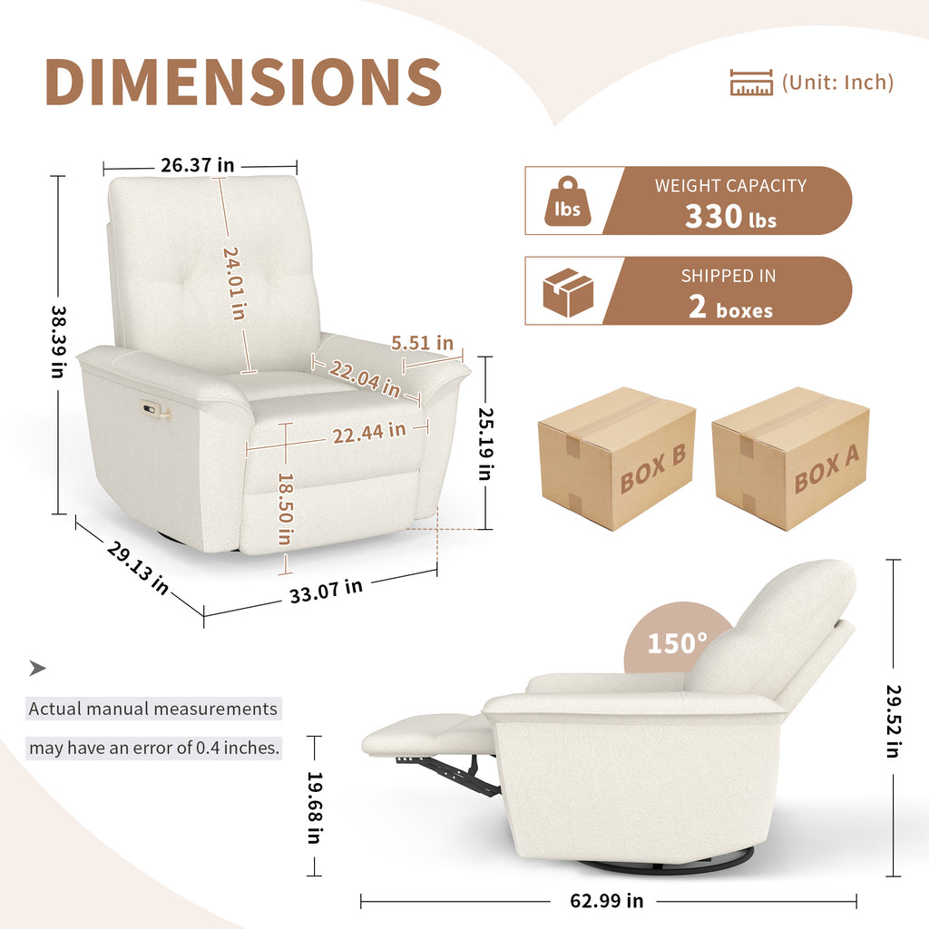 270° Power Swivel Rocker Recliner Chair w/ USB Ports - Beige-Gray
