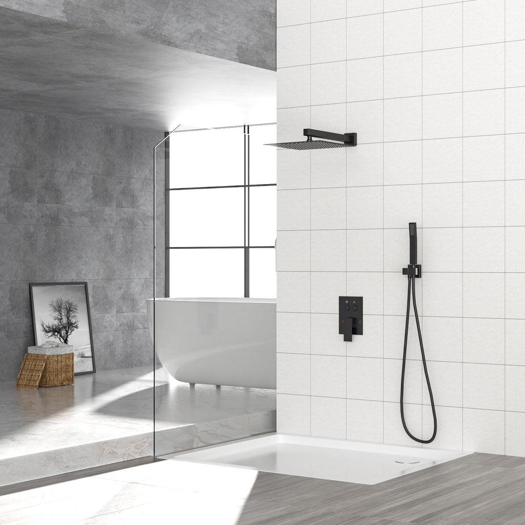 Dual Shower Head - 12 Inch Wall Mounted Square Shower System with Rough-in Valve, Matte