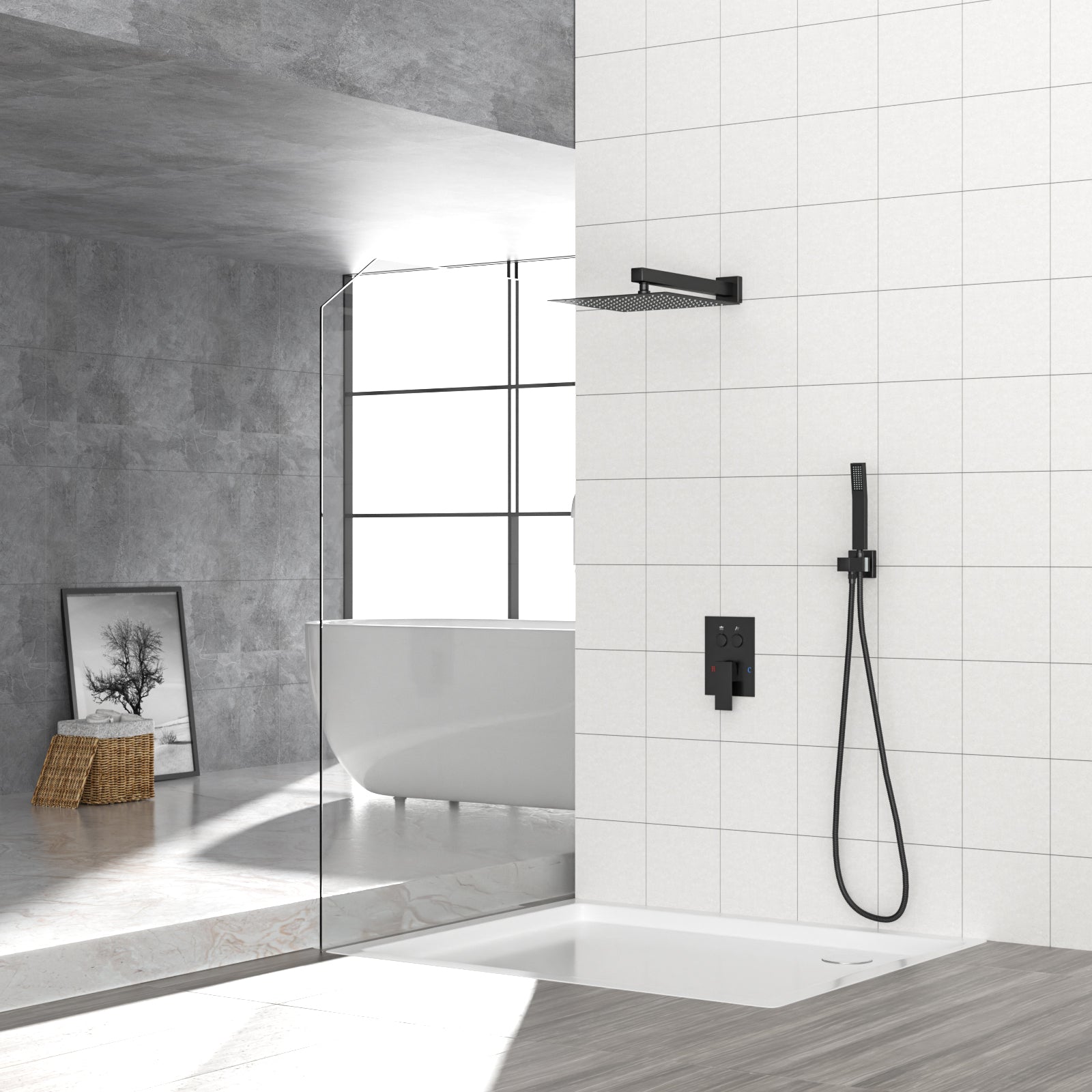 Dual Shower Head - 12 Inch Wall Mounted Square Shower System with Rough-in Valve, Matte