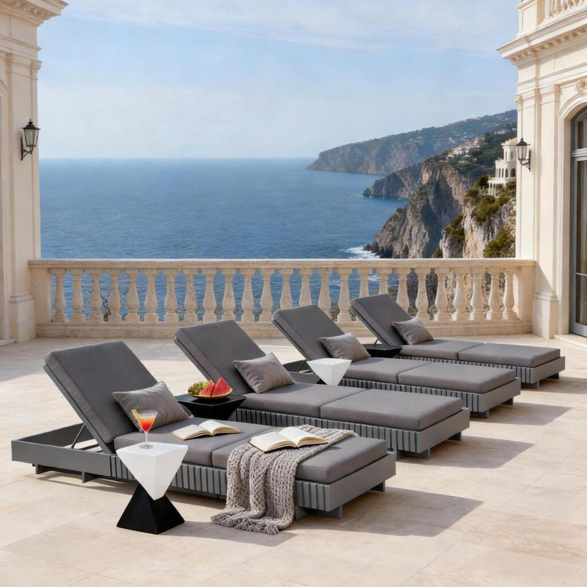 Dark Grey Acacia Wood Outdoor Chaise Lounge with 3-Fold Cushion