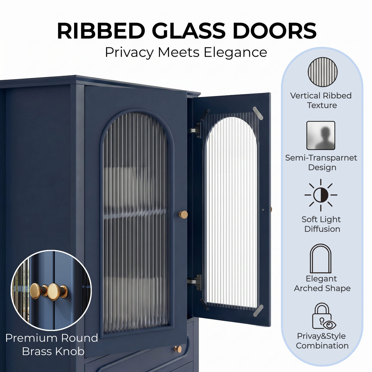 46.5" Glass Display Cabinet with Ribbed Glass Doors