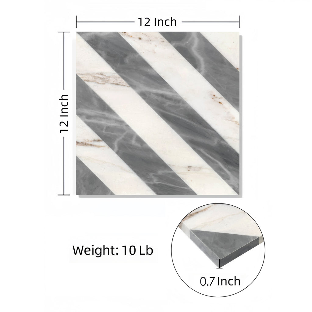 12x12 Waterjet Polished Marble Tile - White & Gray