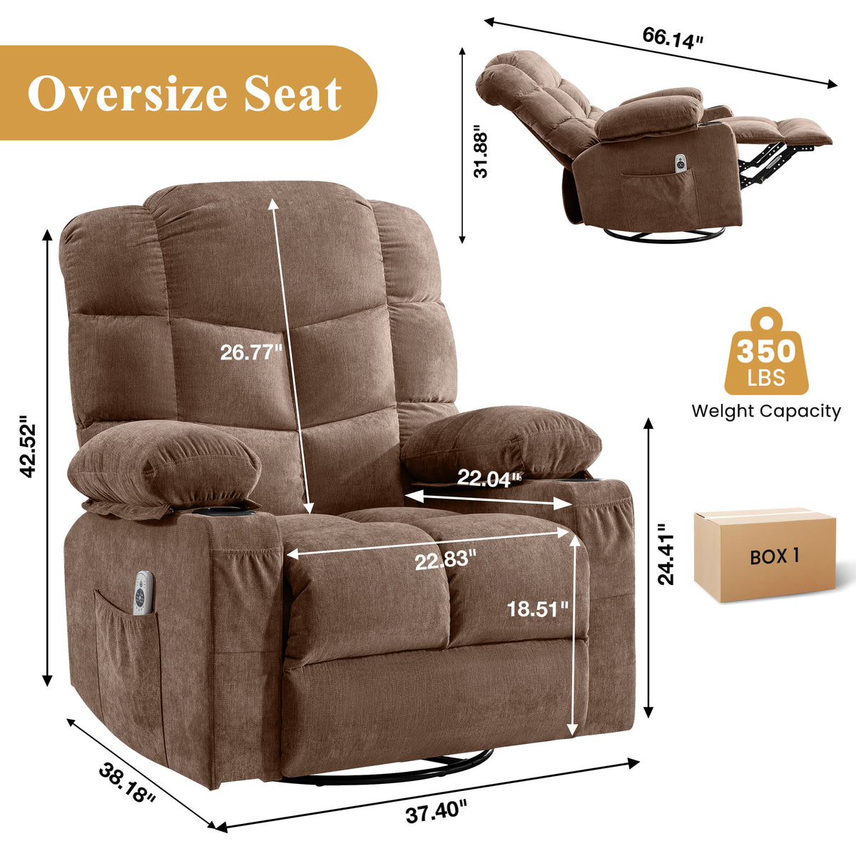 Oversized Massage Swivel Recliner Chair with Lumbar Heating for Living Room Rocker Recliner with Cup Holders and USB Charge Port, for Adult