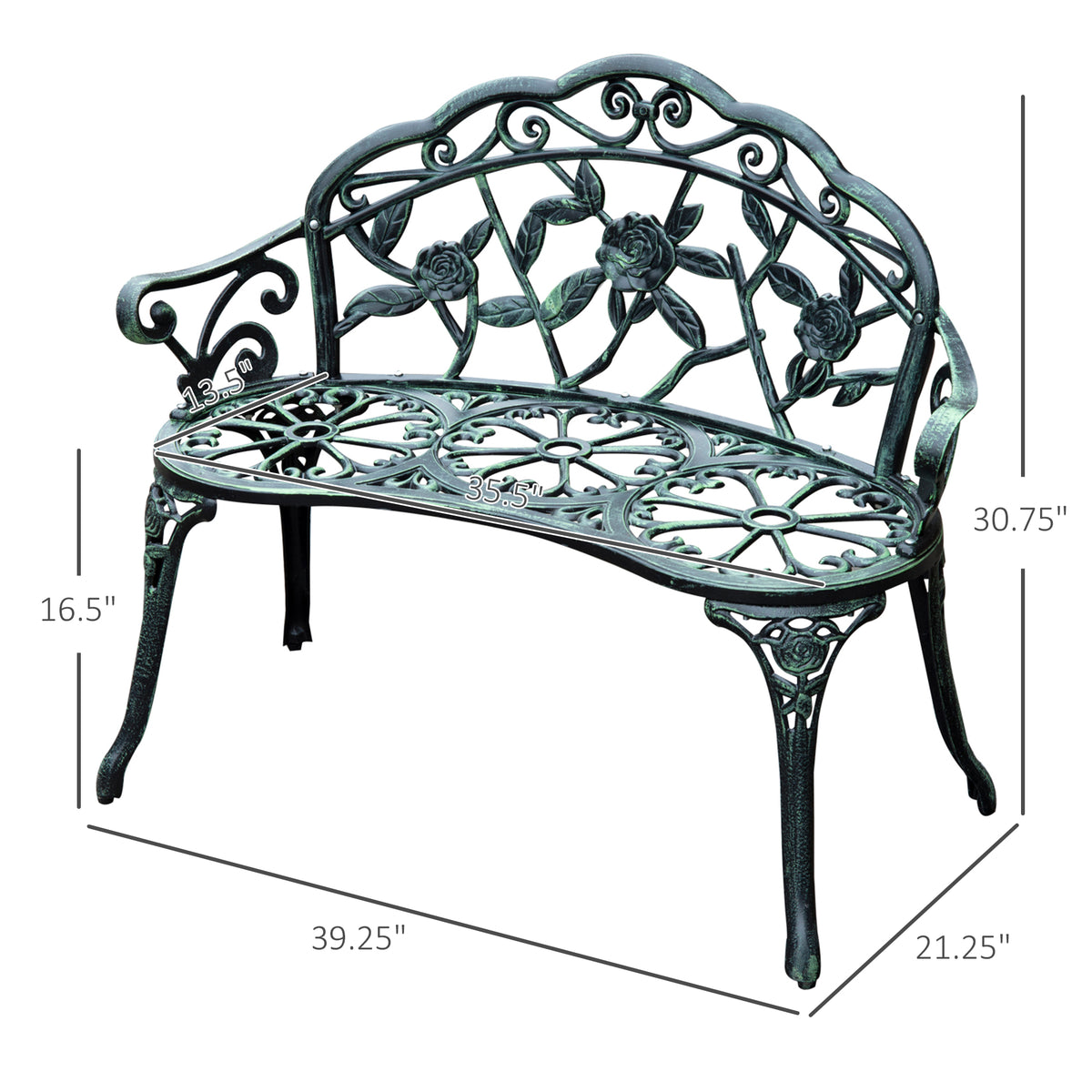 Outsunny Cast Aluminum Outdoor Bench, Green Antique Finish