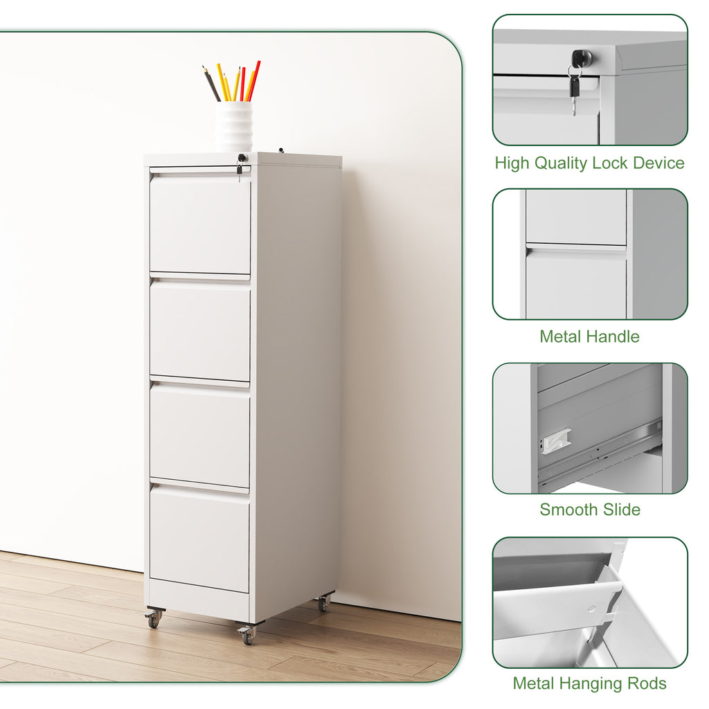 4 Drawer Metal Locking Vertical File Cabinet on Wheels