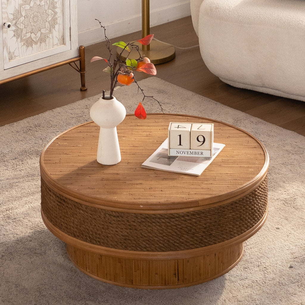 31.5-Inch Round Retro Coffee Table With Flip-Top Cover, Natural
