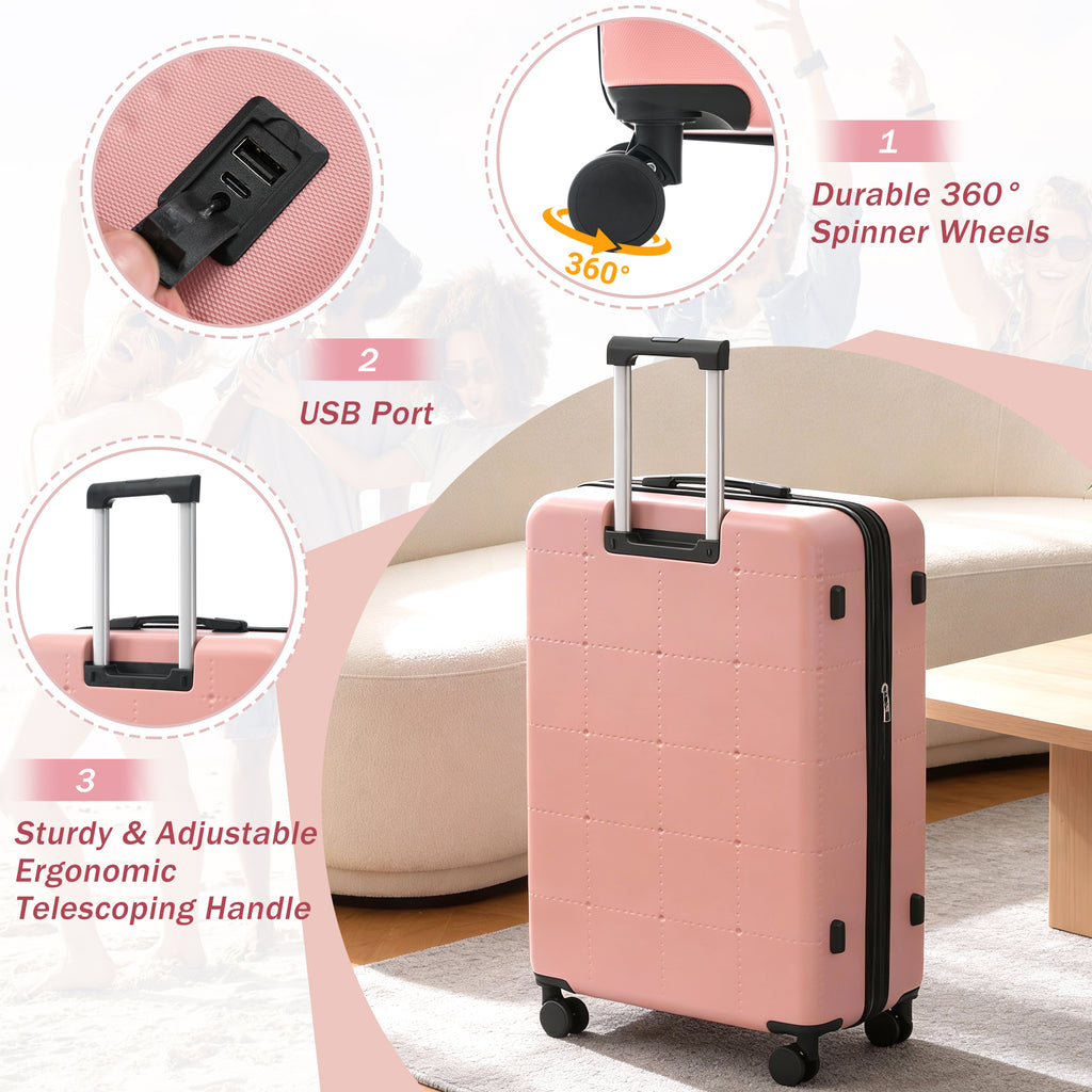Hardside Luggage Set 5 Piece with Carry-On, 24-Inch and 28-Inch Expandable Suitcases, Light Pink