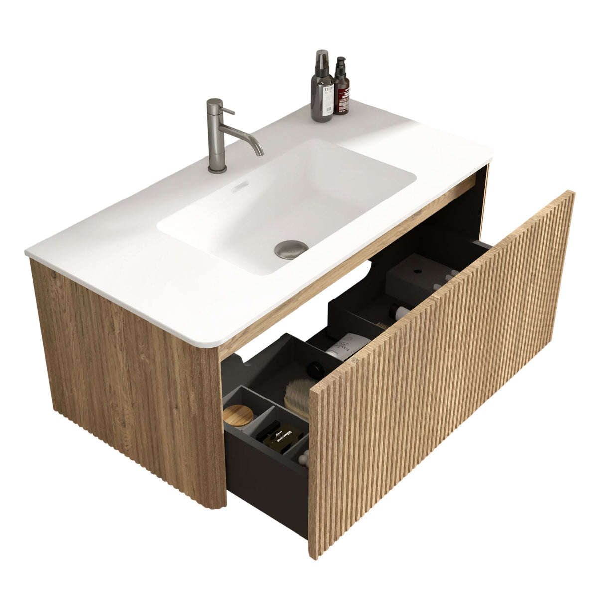 Etna 36-Inch Oak Striped Bathroom Vanity with White Solid Surface Sink