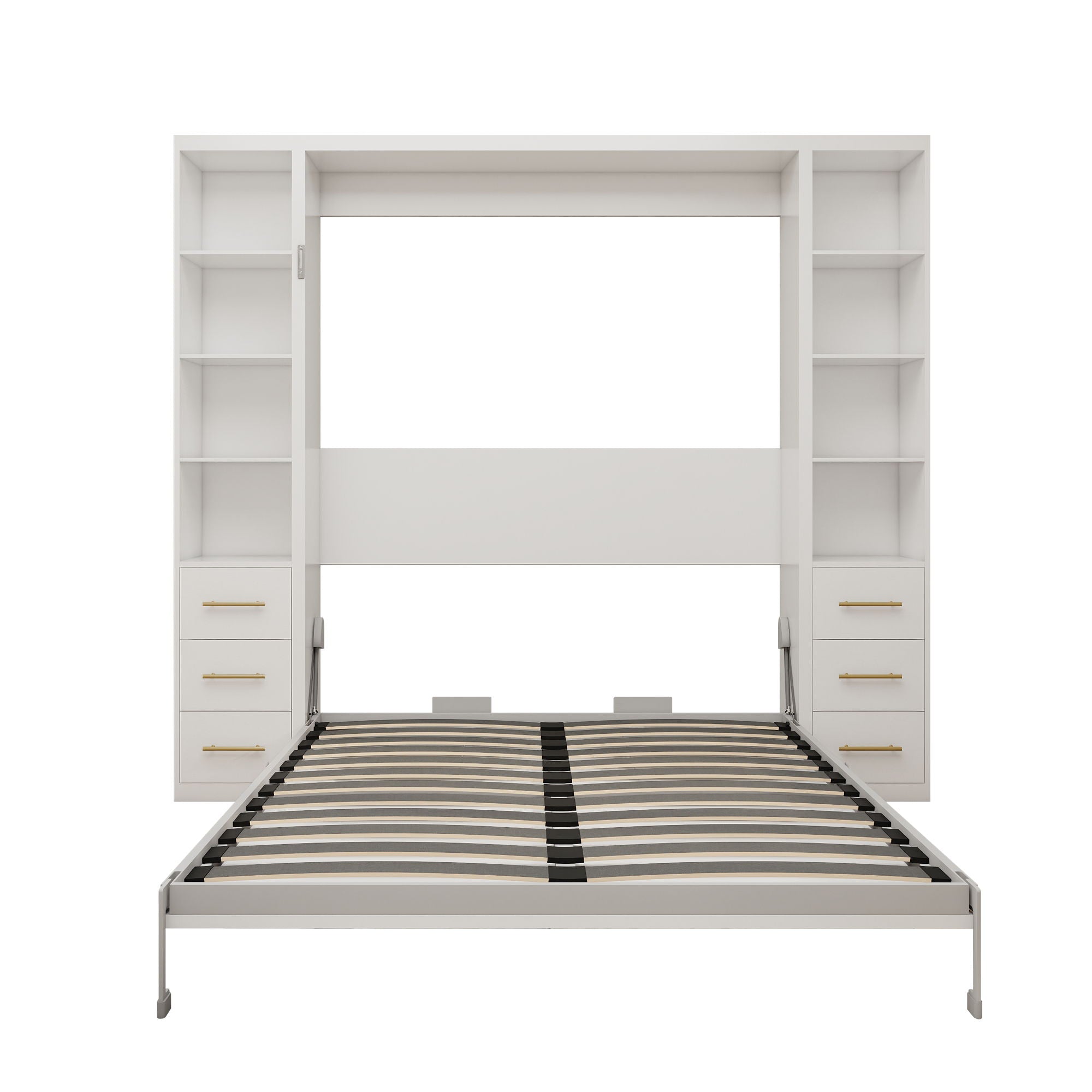 Queen Size Murphy Wall Bed With Side Storage Cabinets - White