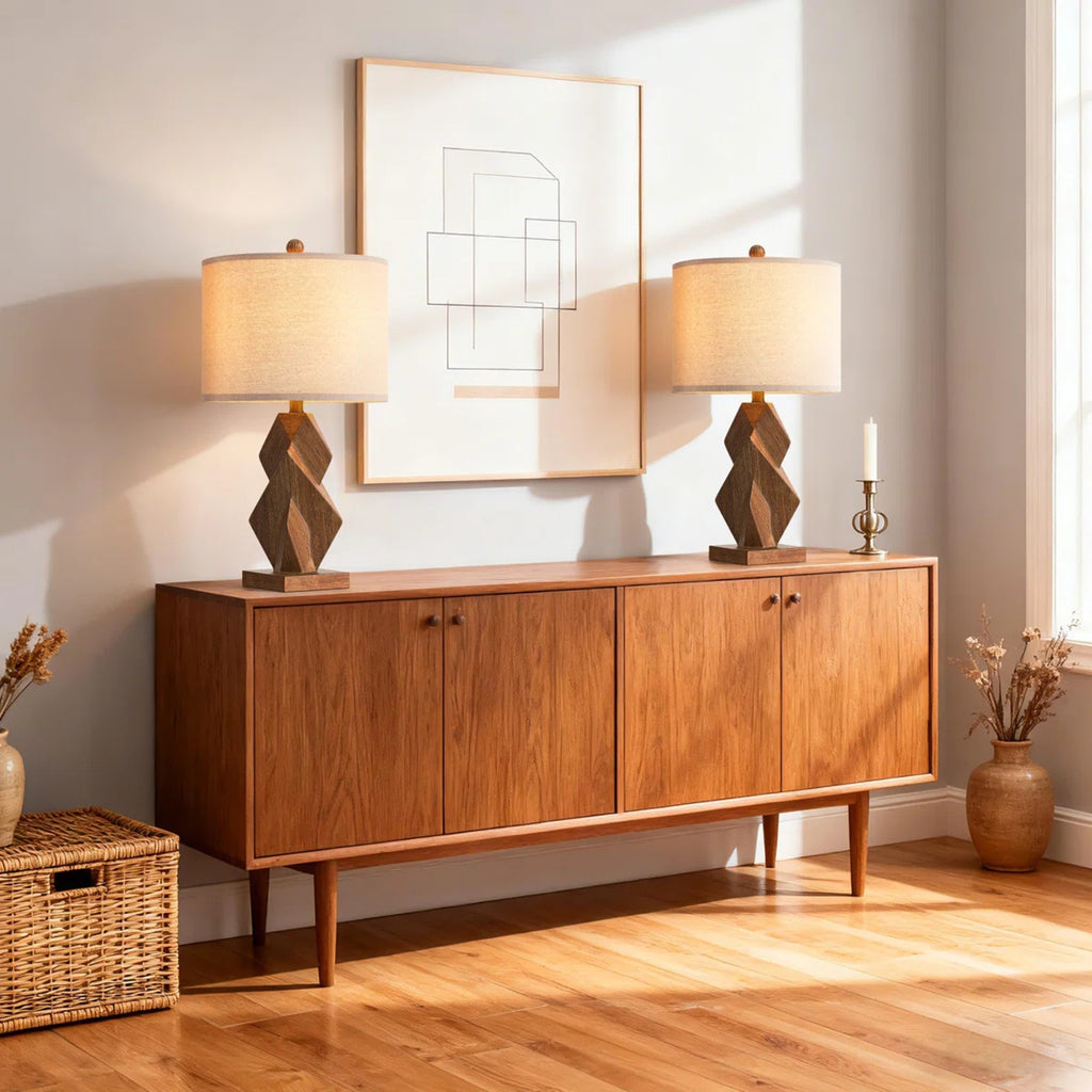 Farmhouse Table Lamps Set of 2, 24.5-Inch, Wood Grain Resin, USB Charging Ports