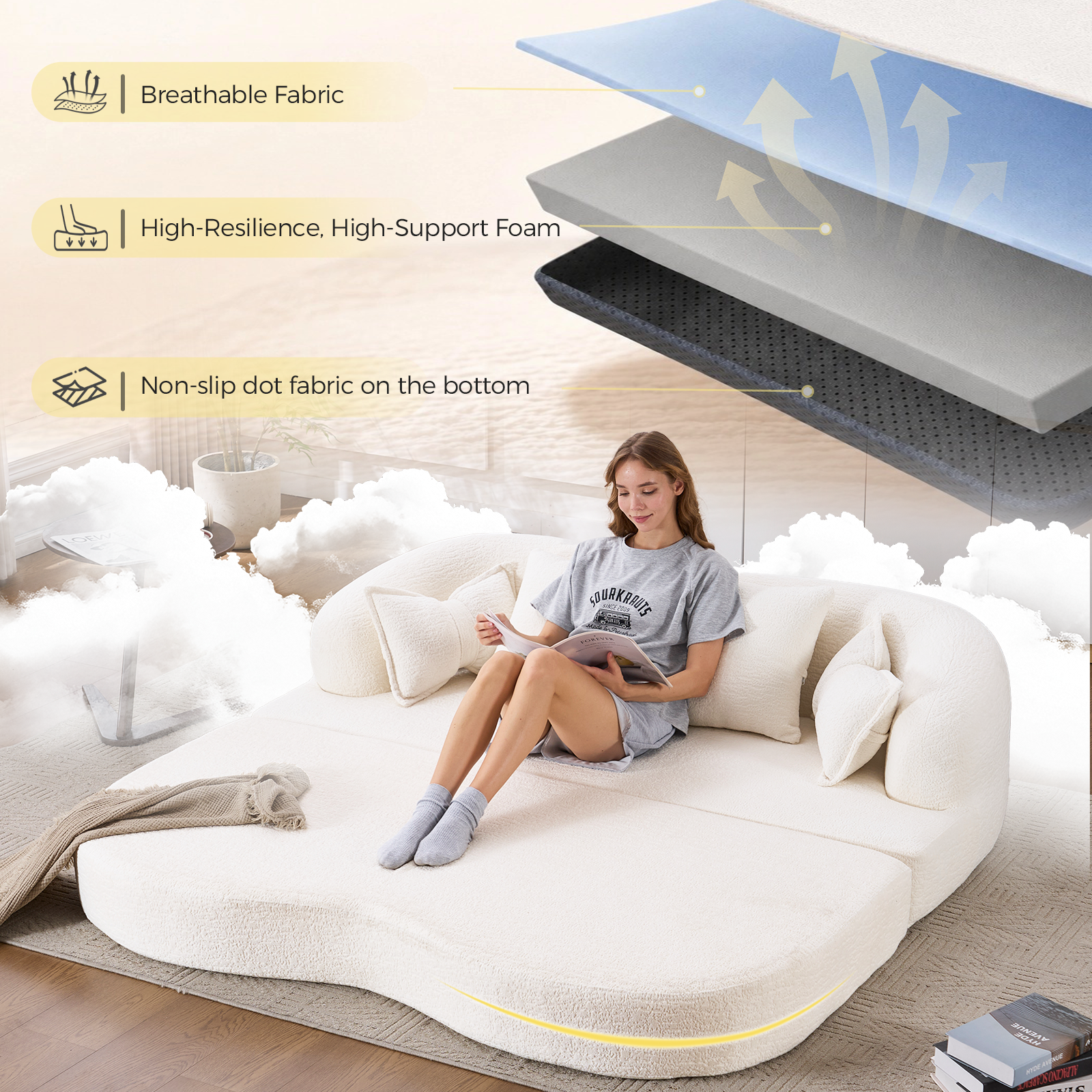 2-in-1 Foldable Sofa Bed with Pillows
