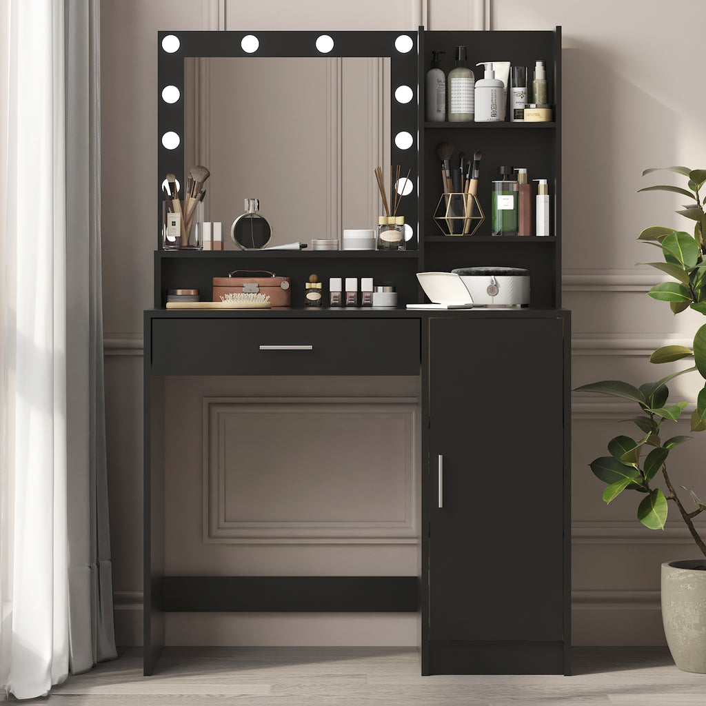 Vanity Desk with Mirror & Light, Large Drawer Three Level Storage Dresser