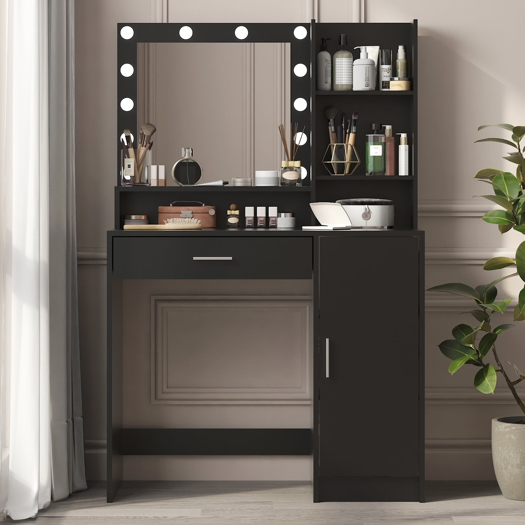 Vanity Desk with Mirror & Light, Large Drawer Three Level Storage Dresser