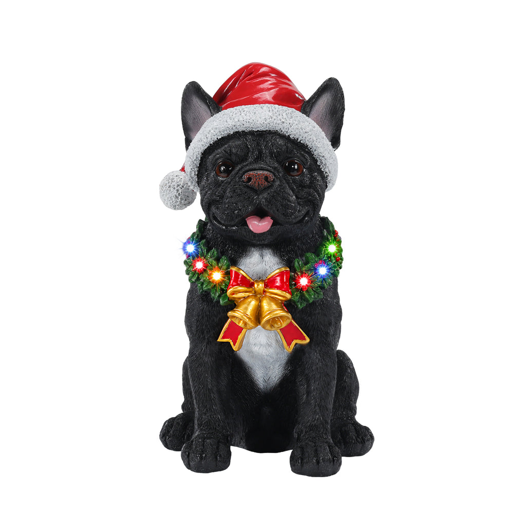 Lighted Christmas French Bulldog Statue, Black Resin, 14 Inches