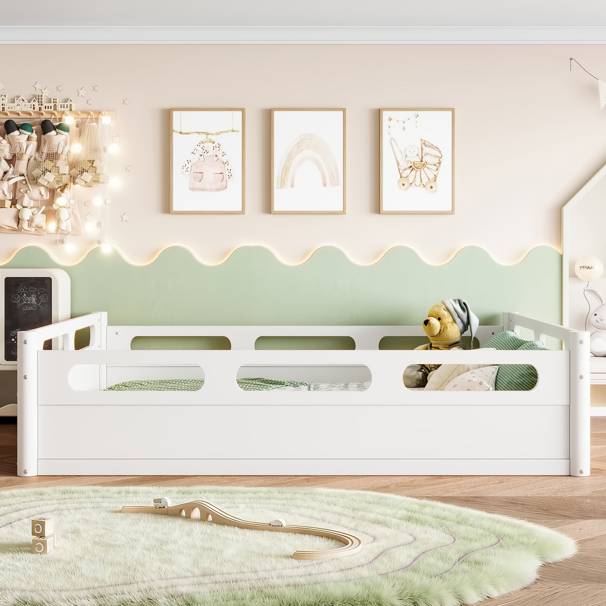 Full Size Platform Bed with Full-length Guardrails