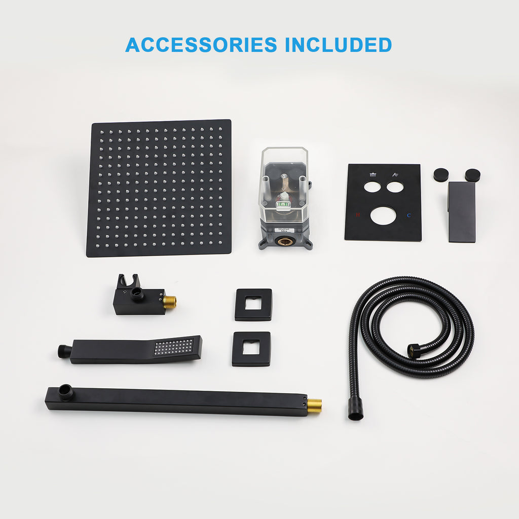 Dual Shower Head - 12 Inch Wall Mounted Square Shower System with Rough-in Valve, Matte
