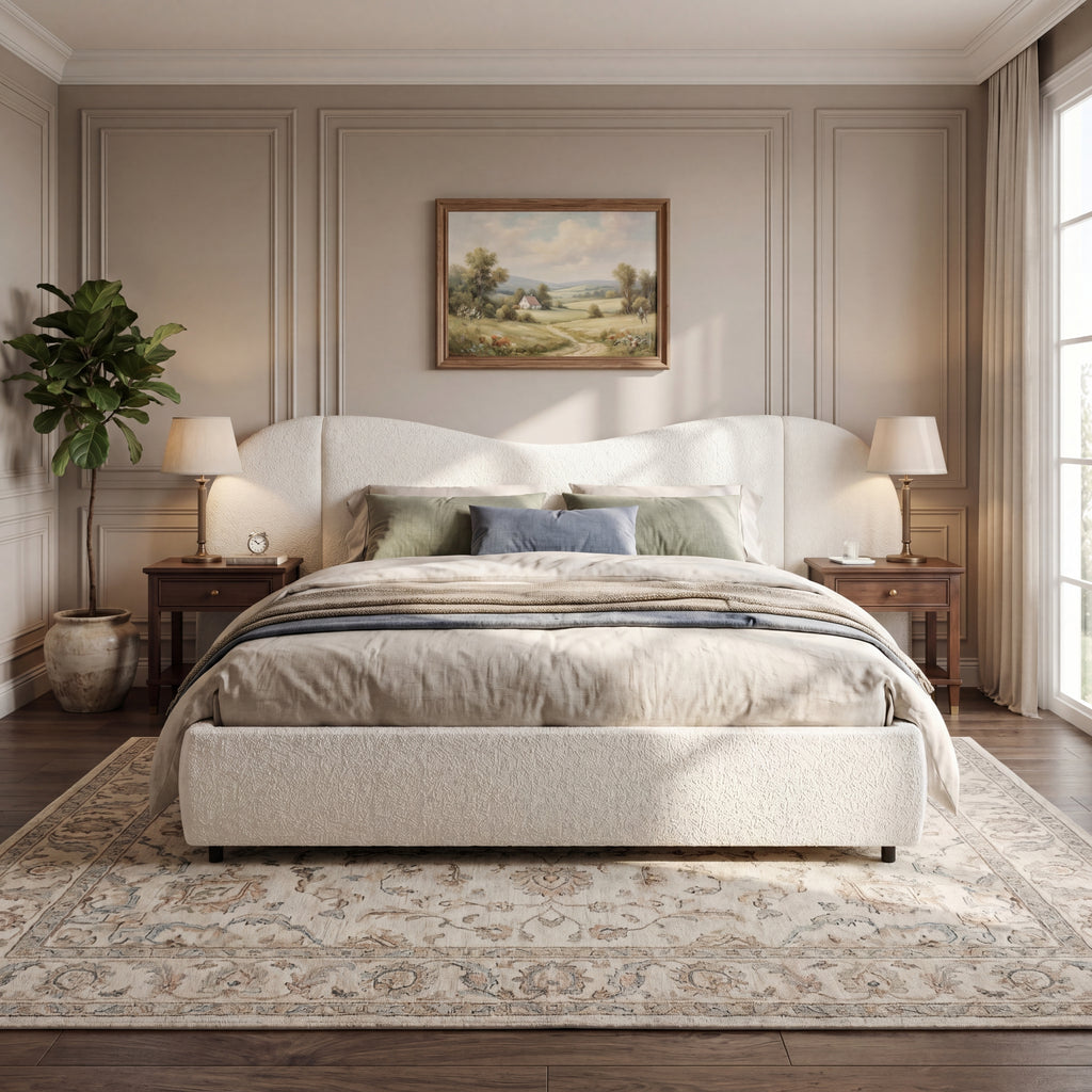 King Size Upholstered Bed Frame With Boucle Fabric Curved Headboard
