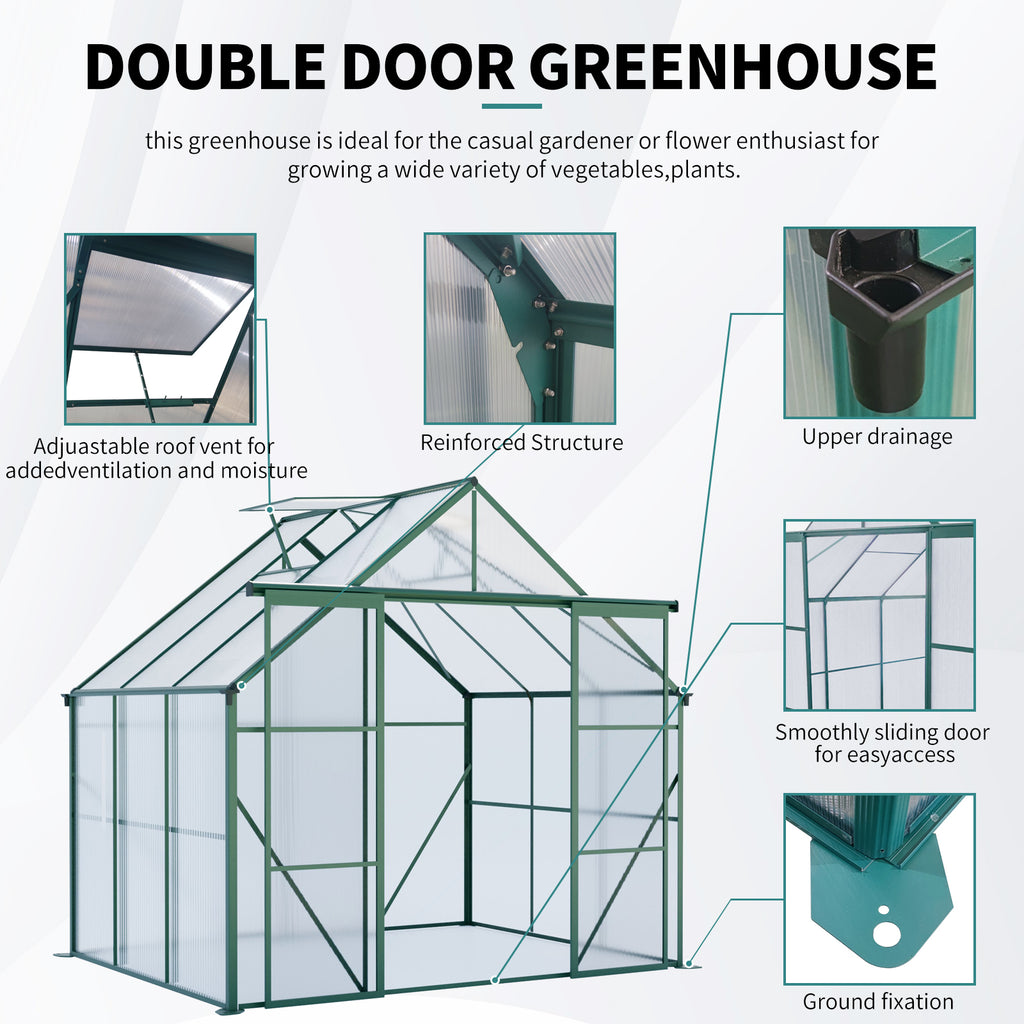 Green Double Door Polycarbonate Greenhouse - 8x6ft