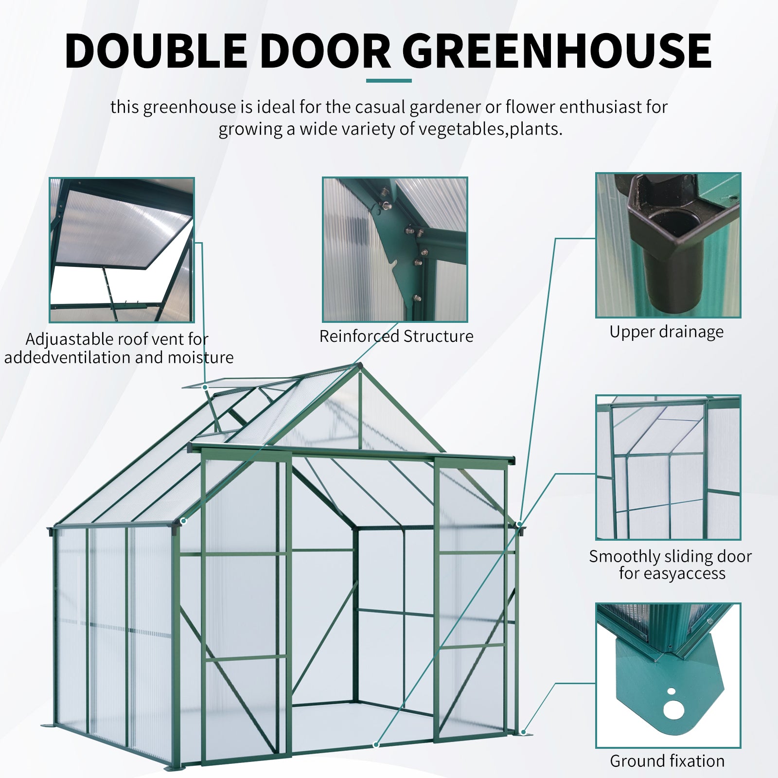 Green Double Door Polycarbonate Greenhouse - 8x6ft