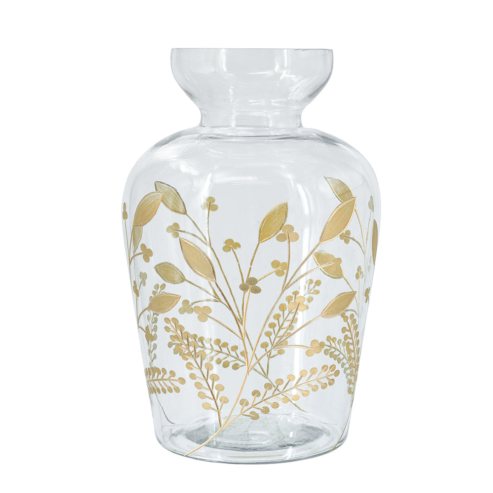 Curved Glass Accent Vase, 12.6-Inch Tall, Multicolor with Gold Floral Motifs