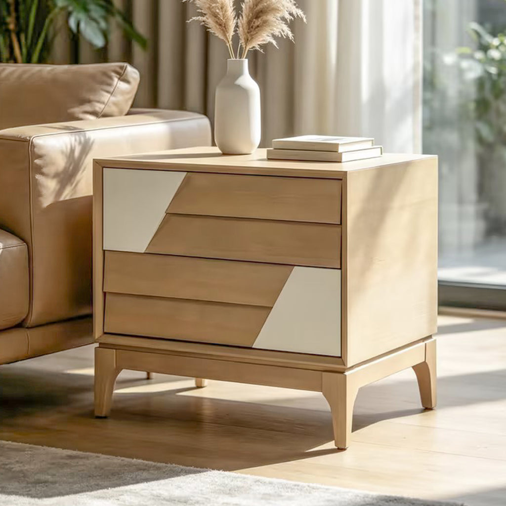 Modern 2-Drawer Nightstand, Japandi Style with Geometric Patchwork, Natural