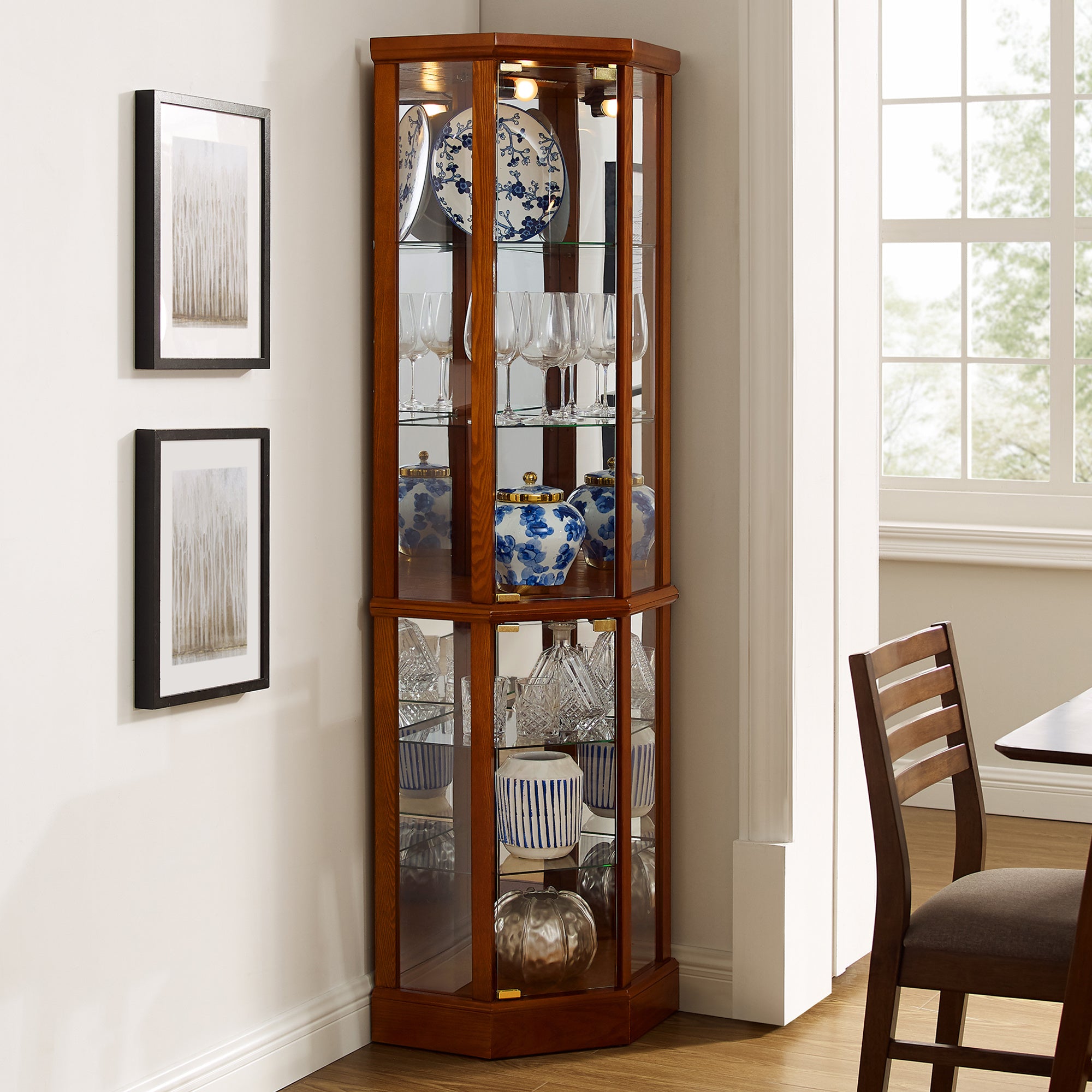 6 Shelf Lighted Corner Curio Cabinet