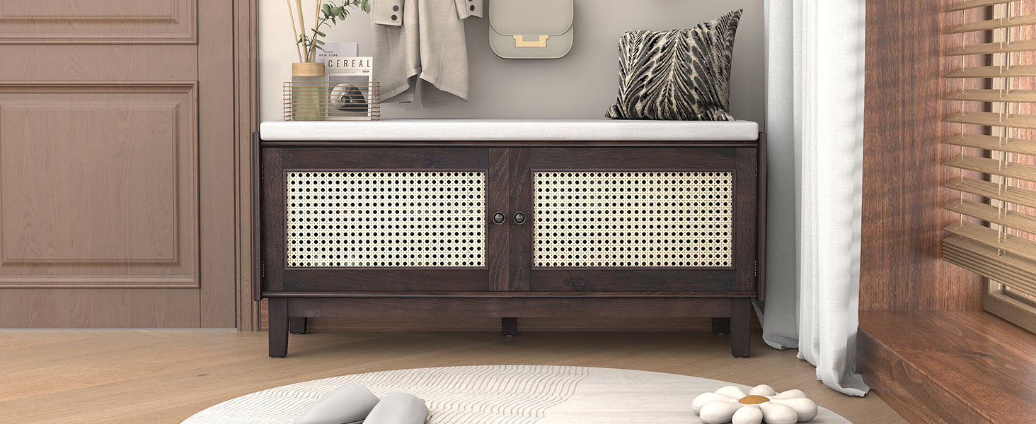TREXM Boho Rattan Entryway Bench with Storage