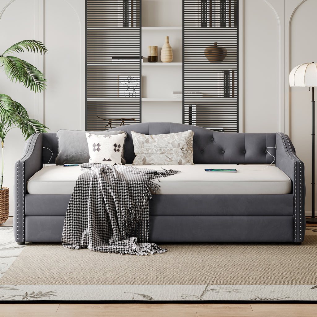 Twin Size Upholstered Daybed with Trundle and USB Charging Design