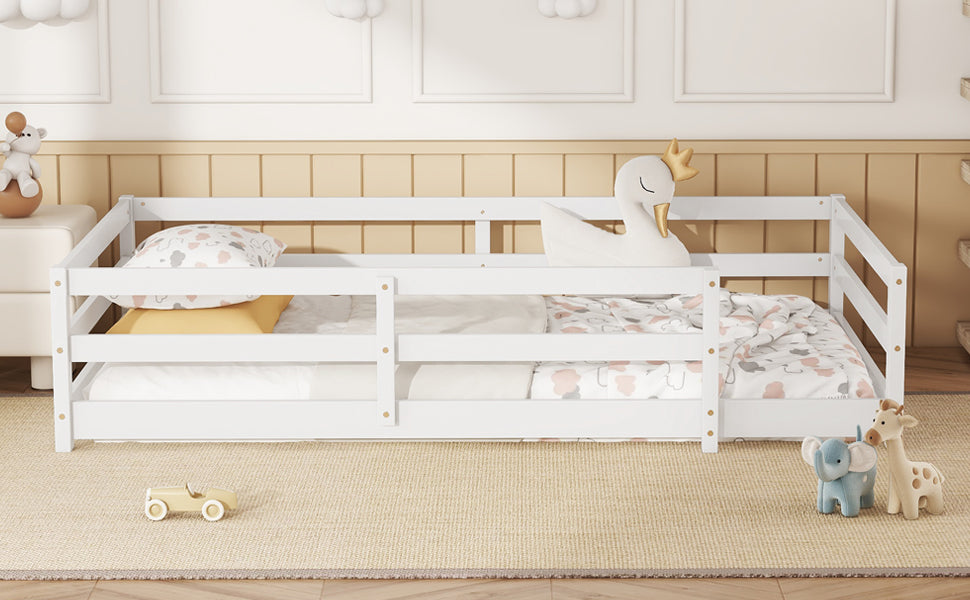 Montessori Twin Size Floor Bed with Fence, White