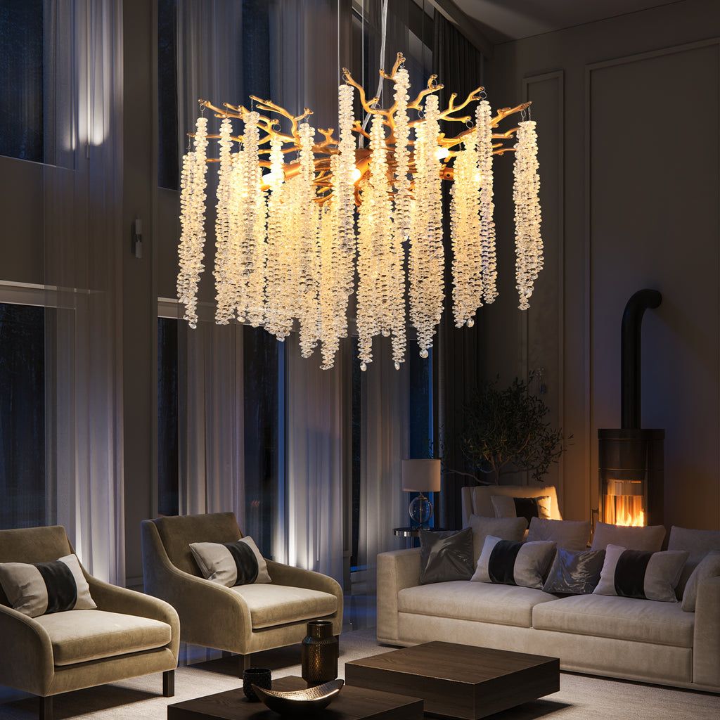 24-Inch Modern Golden Pendant Light with Cascading Crystal Strands