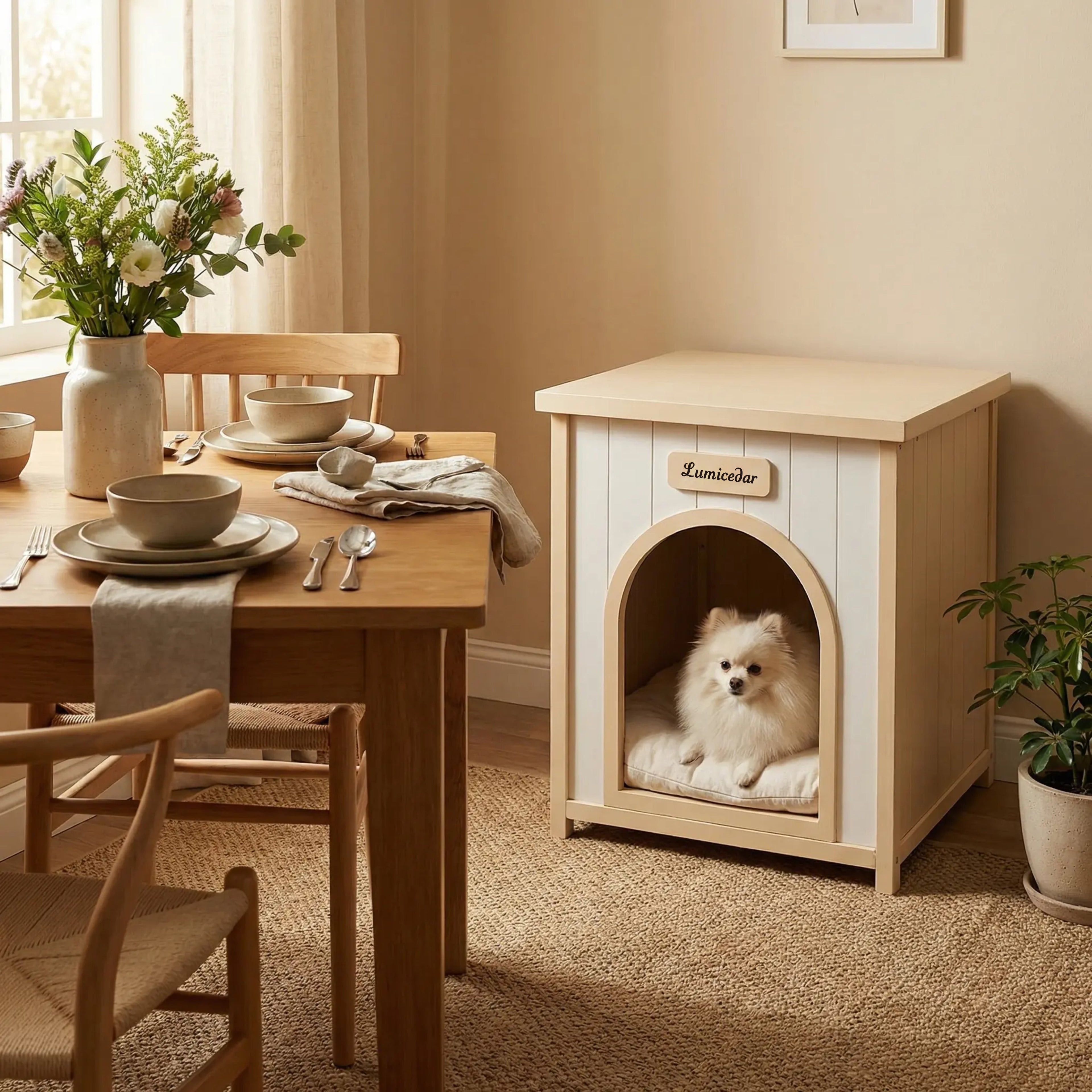 Modern Indoor Wooden Dog House with Removable Cushion
