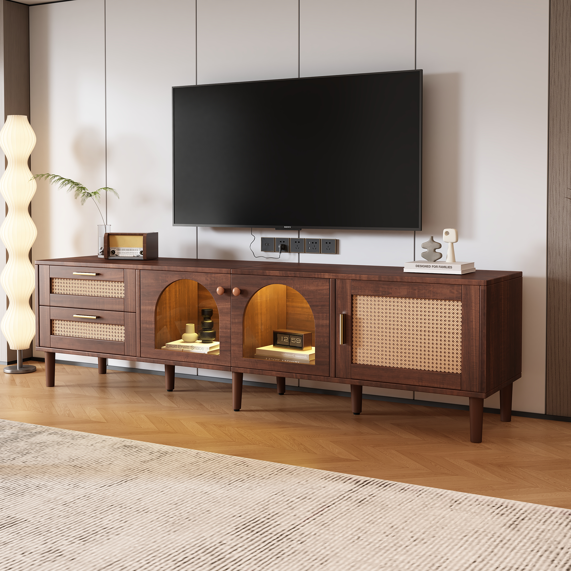 Rattan TV Stand with 3 Cabinets and 2 Drawers
