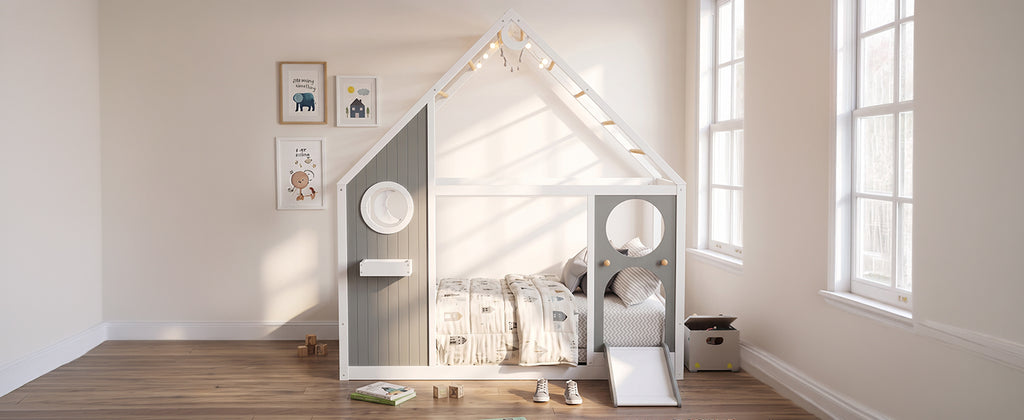 Twin House Bed with Slide, Ball Light Strip, Gray