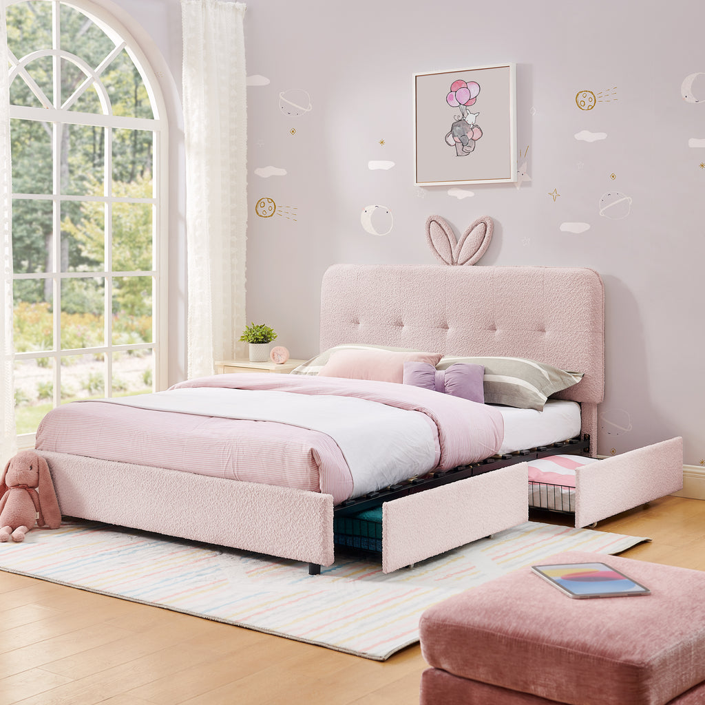 Full Size Kids Upholstered Bed with Oversized Rabbit Ear Headboard