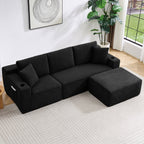 L-Shaped Sectional Sofa with Ottoman, Corduroy 3-Seat Couch for Living Room