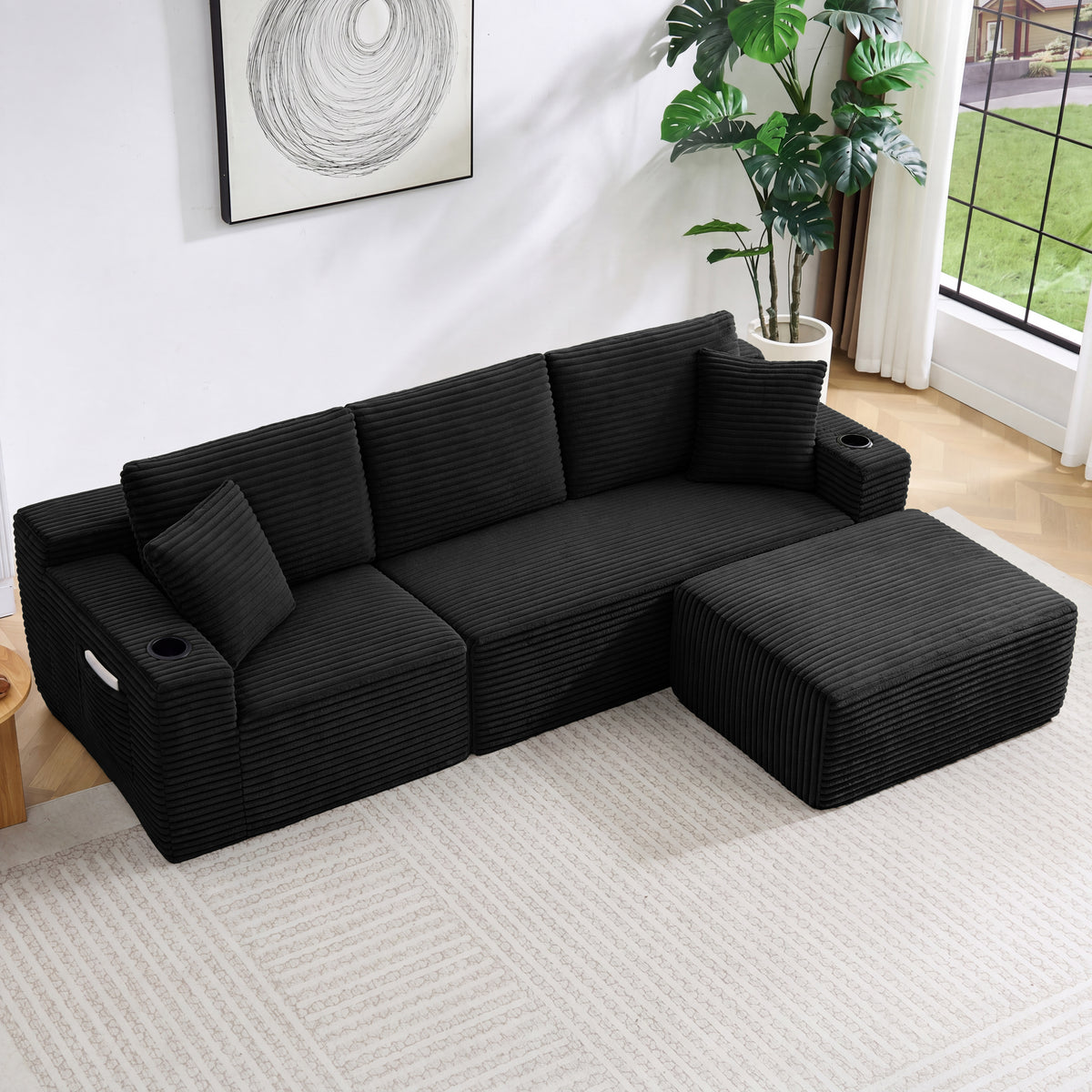 L-Shaped Sectional Sofa with Ottoman, Corduroy 3-Seat Couch for Living Room