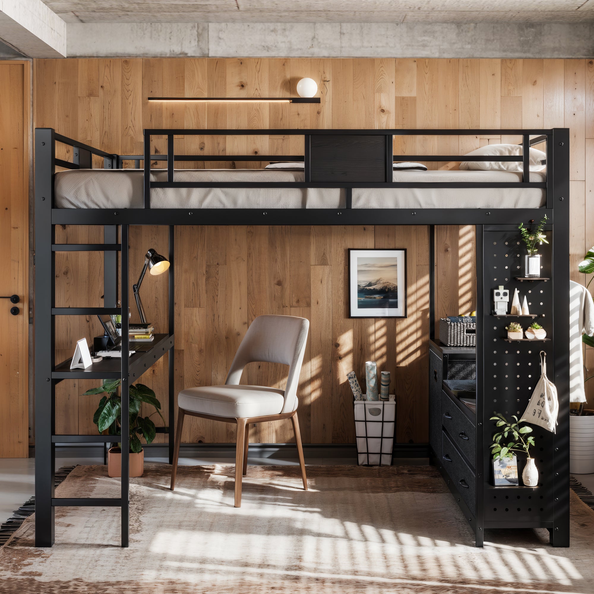 Queen Size Loft Bed with Desk & Shelves