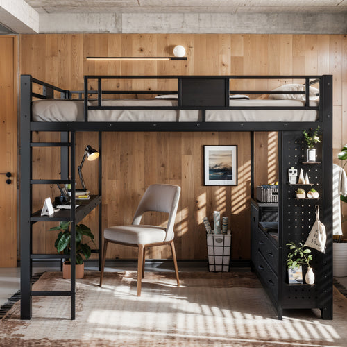 Queen Size Loft Bed with Desk & Shelves
