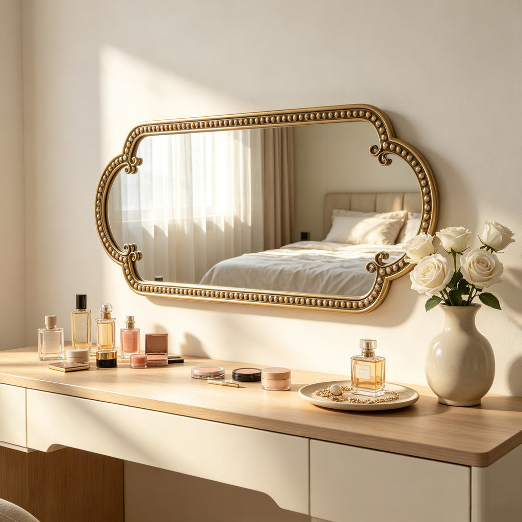 Scalloped Oval Wall Mirror, Vintage, Antique Gold, 19.68 x 53.14 Inches