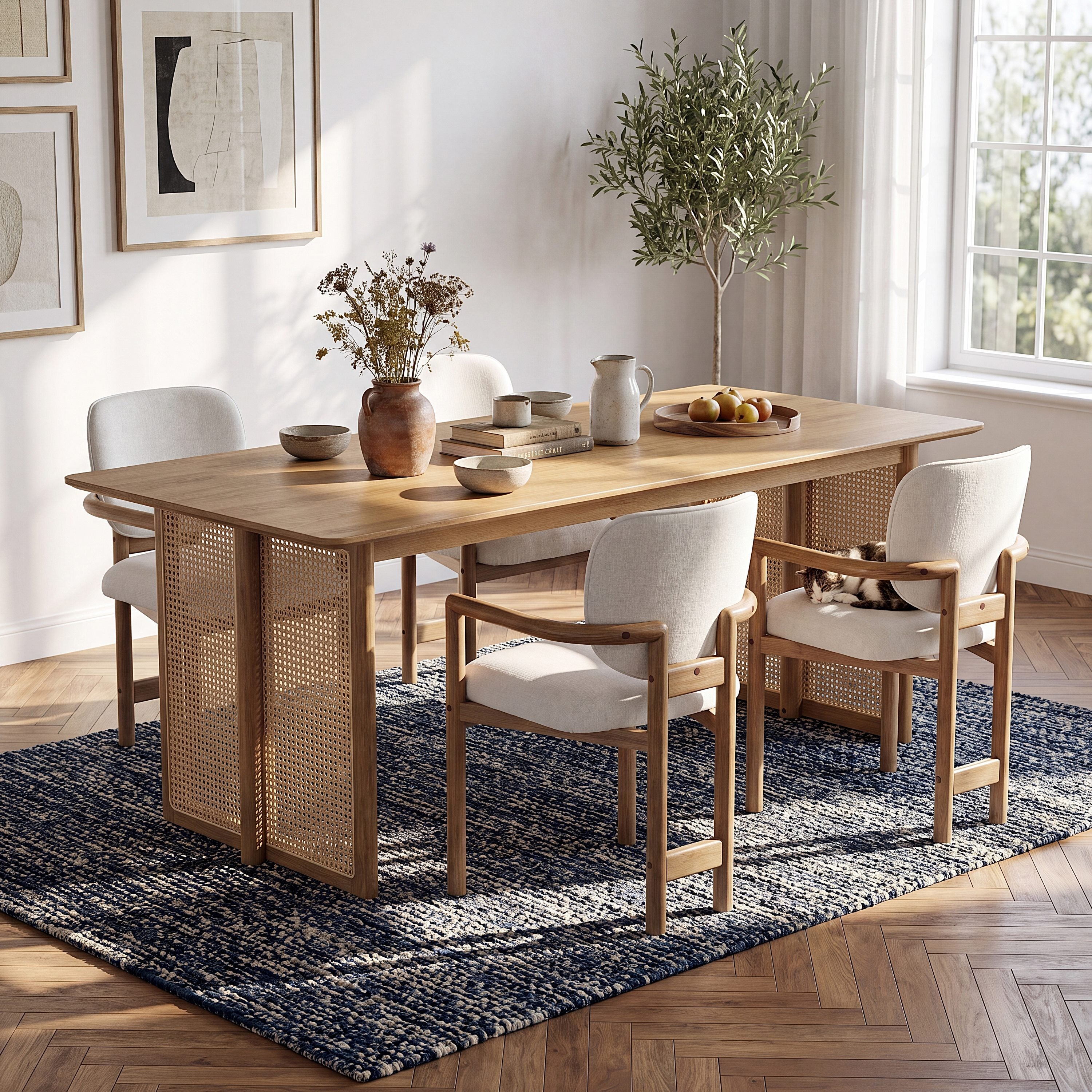 5-Piece Rubber Wood Indoor Dining Set, 70.87" Table with Rattan & 4 Chairs