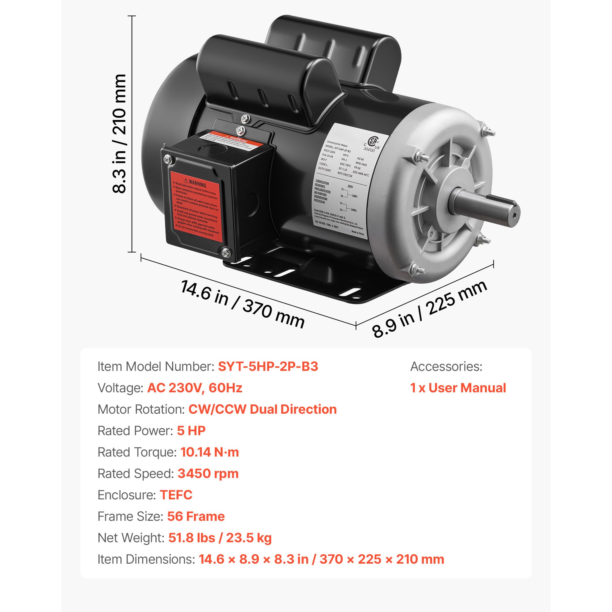 5 HP Electric Motor, 3450RPM Air Compressor Motor