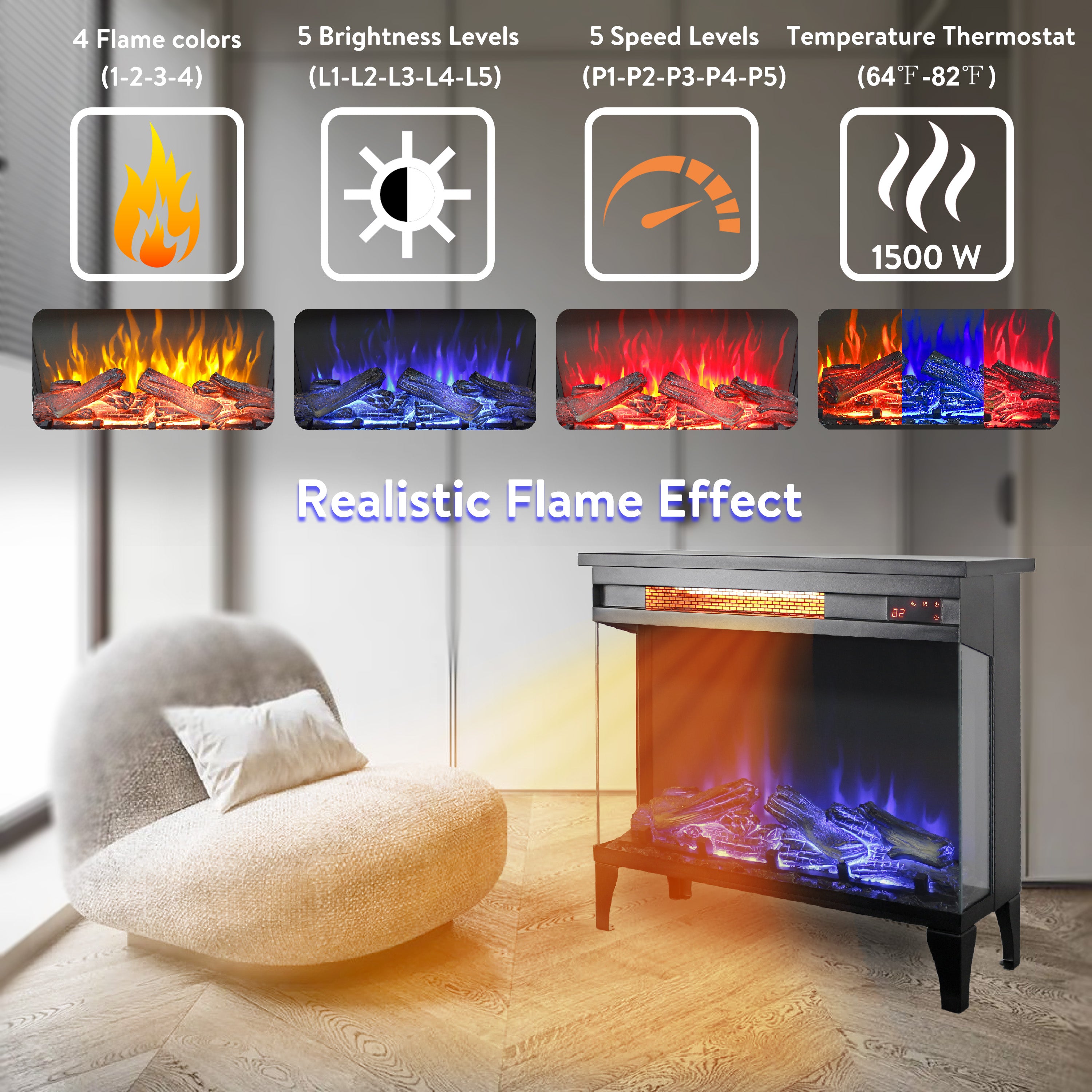 24 Inch Three Sided Glass Electric Fireplace with Feet