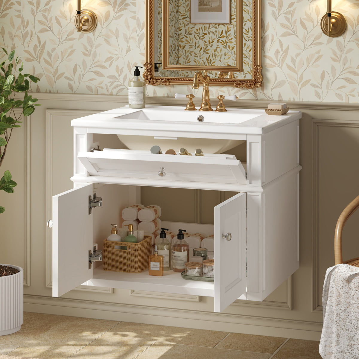 24-Inch Wall-Mounted Bathroom Vanity with Ceramic Sink and Soft-Close Doors, White