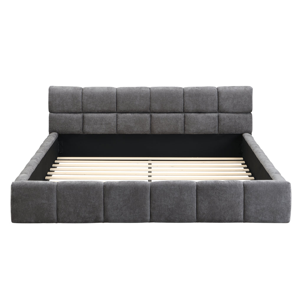 Elegant Chenille Upholstered Bed with Checkerboard Design, Queen