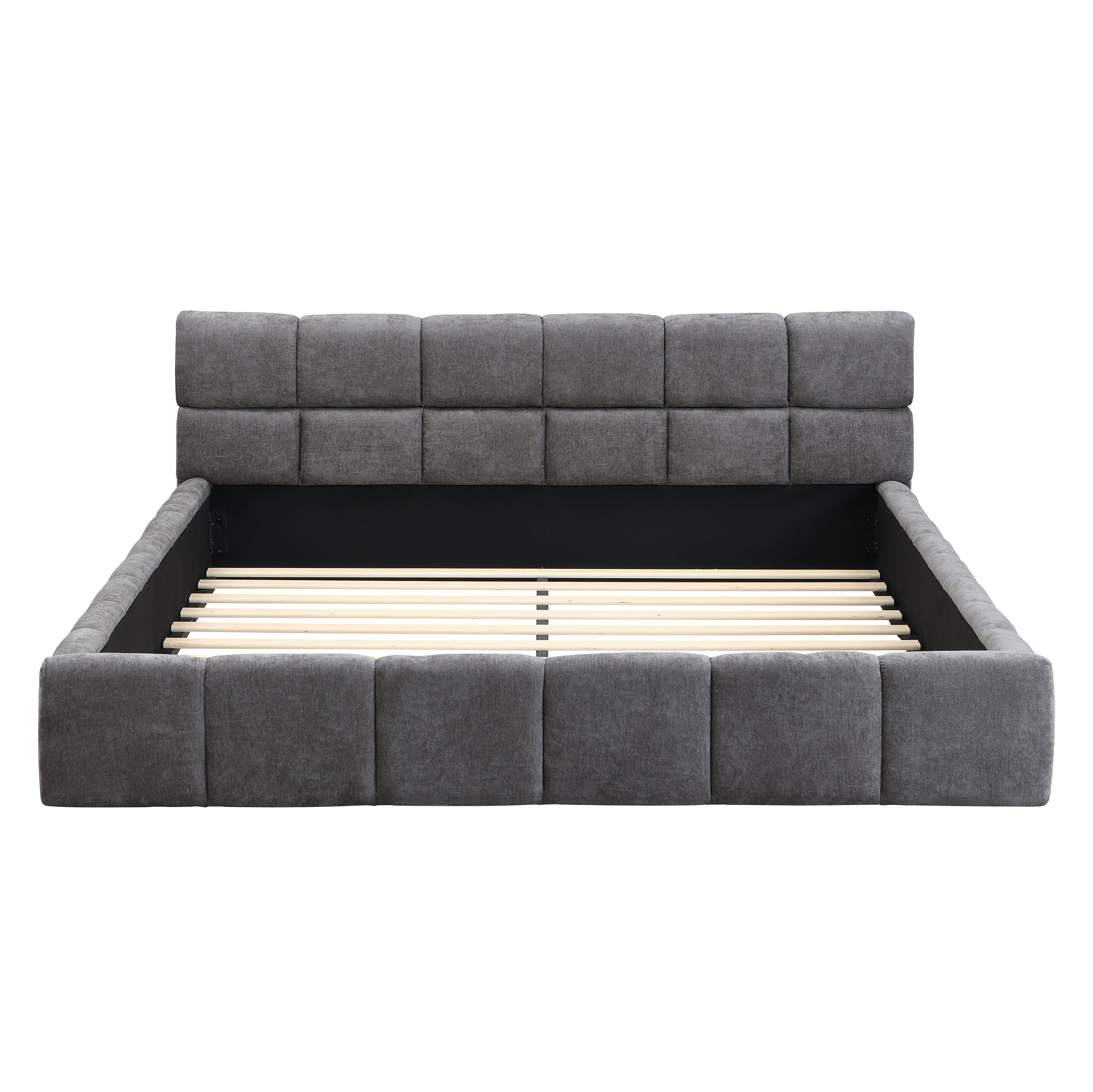 Elegant Chenille Upholstered Bed with Checkerboard Design, Queen