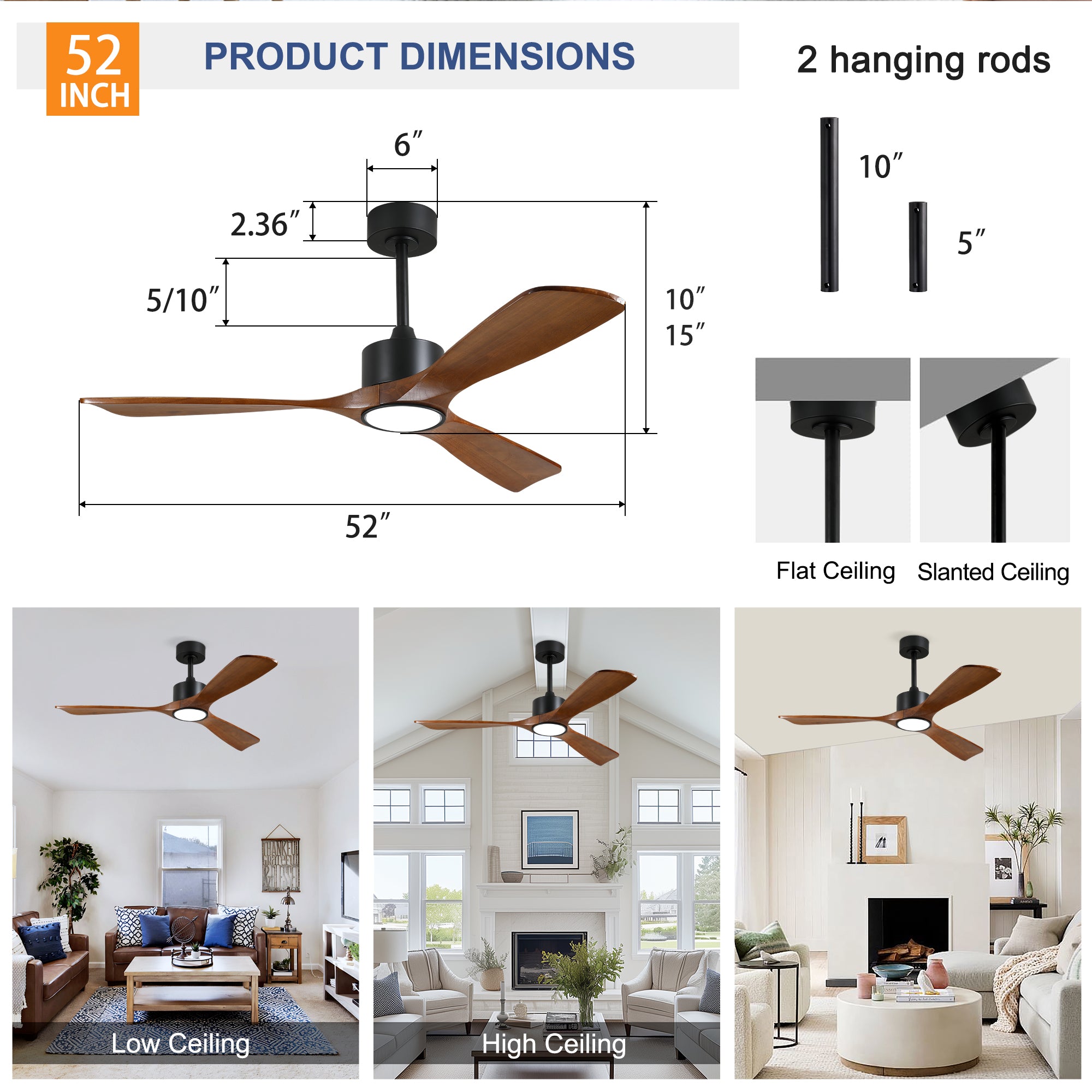 52 Inch Solid Wood Ceiling Fan With Light Kit