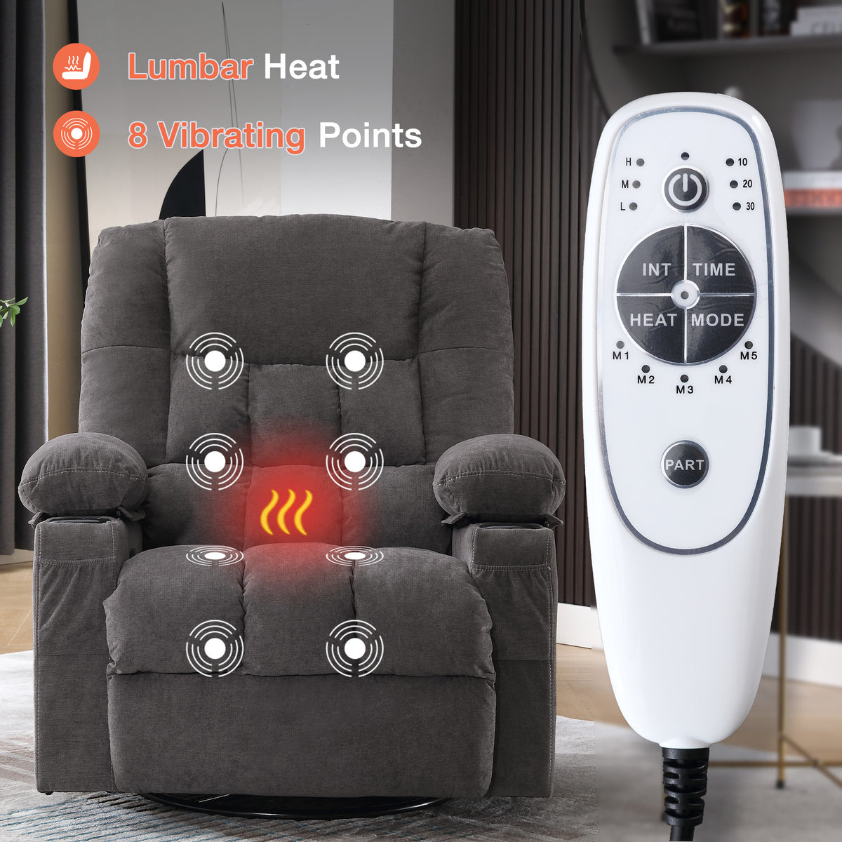 Massage Swivel Rocker Recliner Chair with Vibration Massage and Heat Ergonomic Lounge Chair for Living Room with Rocking Function and Side Pocket, 2 Cup Holders, USB Charge Port