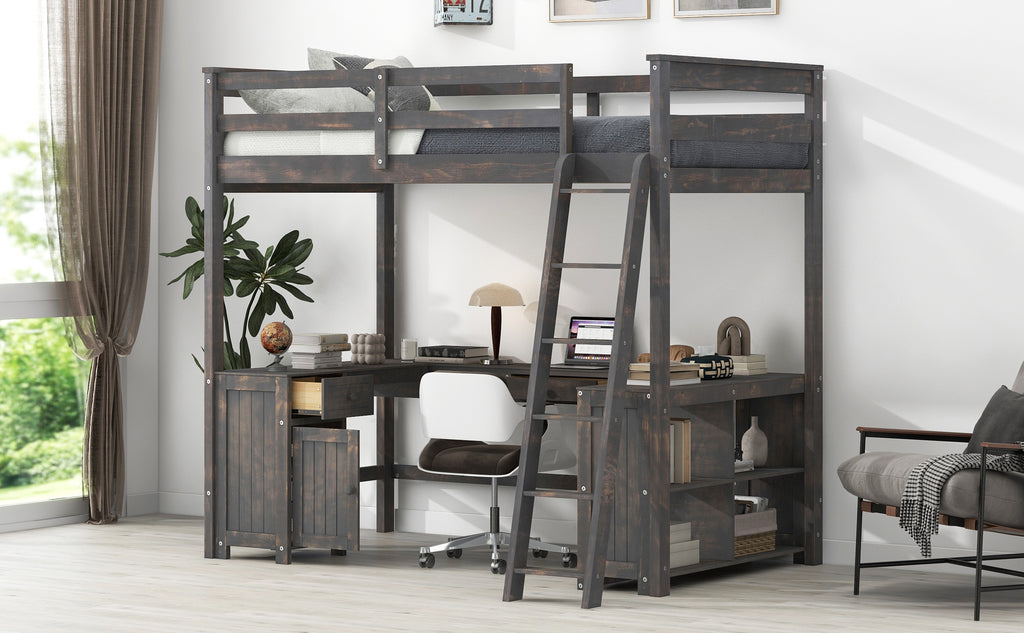 Full Size Loft Bed with U-shaped Desk, Drawers and Storage Shelves
